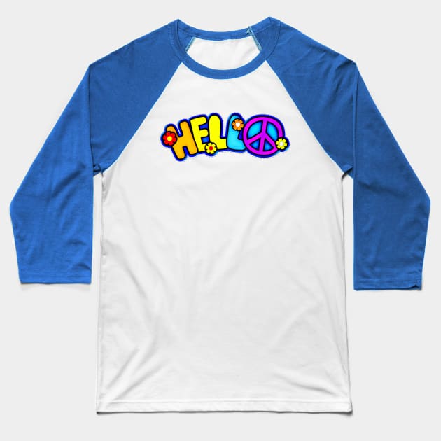 Colorful Hello Peace Sign Typography Baseball T-Shirt by AlondraHanley